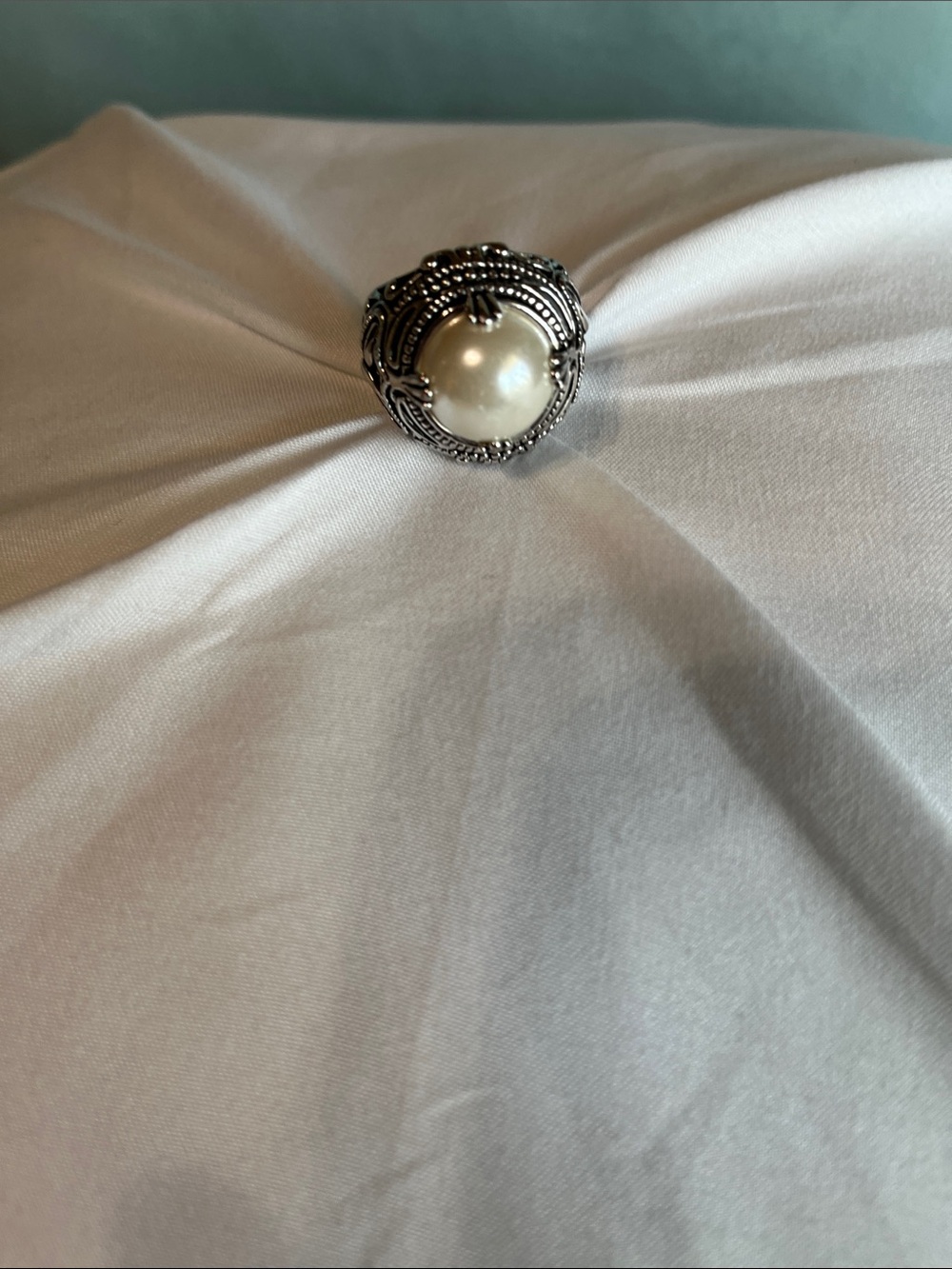 Premier Designs Silver Filigree Ring with Faux White Pearl
